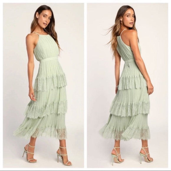 NWOT Lulus Came For Cocktails Sage Green Pleated Tiered Lace Maxi Dress - Picture 8 of 17